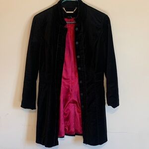 White House Black Market Black Velvet Trench Coat with Pink Satin Lining